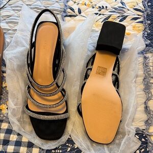 SHEIN Black Crystal-Strap Slingback Low Block Heels